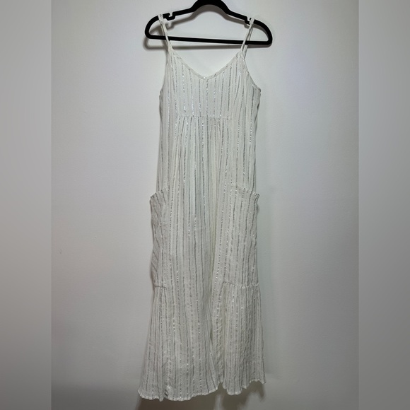 Aerie | White Cotton Maxi Dress | Crinkle V-Neck Summer Dress with Metallic - Picture 1 of 9